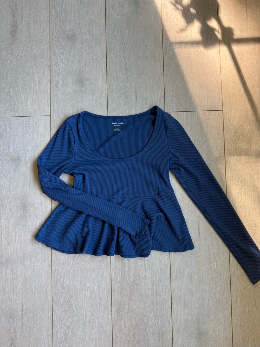 American Eagle Outfitters Navy Ribbed Long-Sleeve Peplum Top